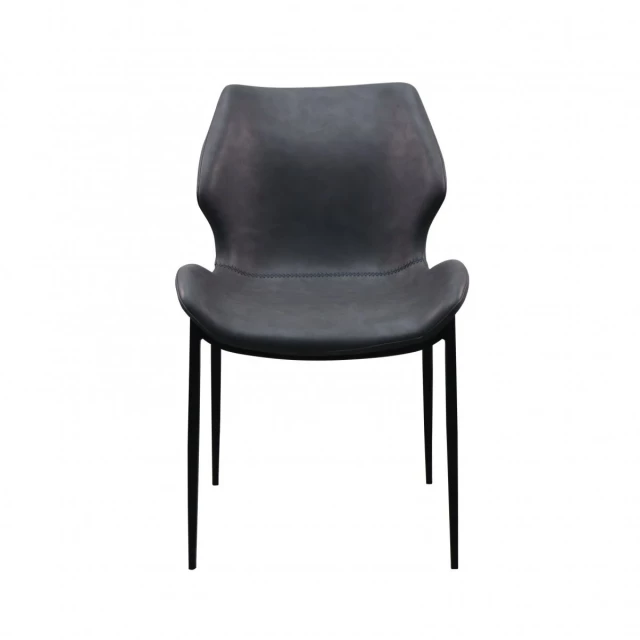 Gray faux leather industrial dining chairs with armrests and wood accents