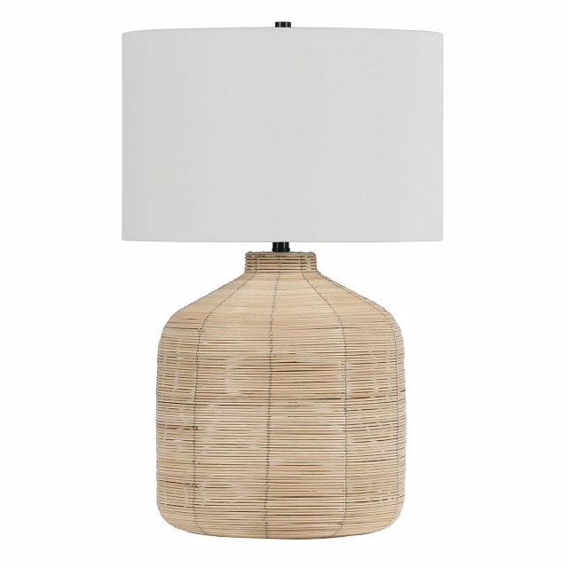 rattan table lamp with white drum shade and beige wood pattern