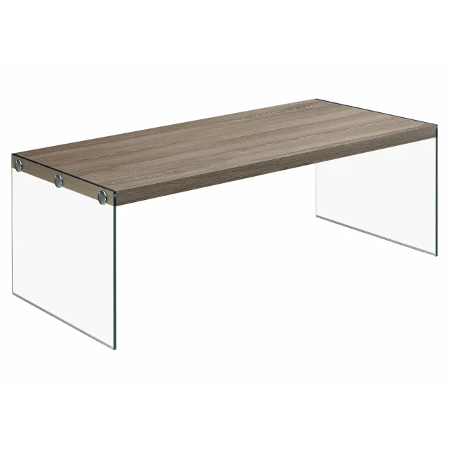 Taupe clear glass coffee table with hardwood rectangle base in outdoor setting