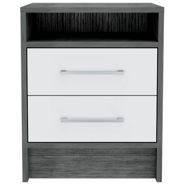 Sophisticated stylish smokey oak white nightstand with drawers and cabinetry for bedroom storage