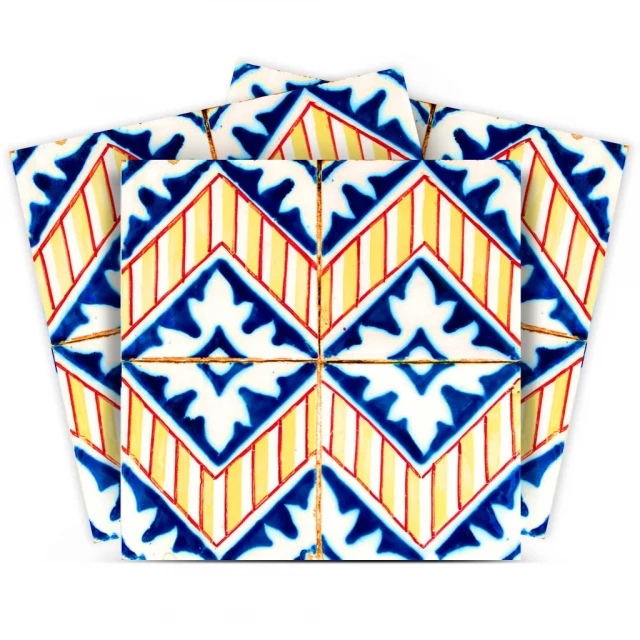 blue yellow zig peel stick tiles with rectangle triangle pattern and symmetrical art