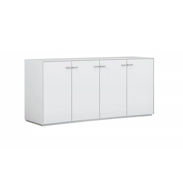 White buffet table with four doors featuring cabinetry design suitable for home appliance storage