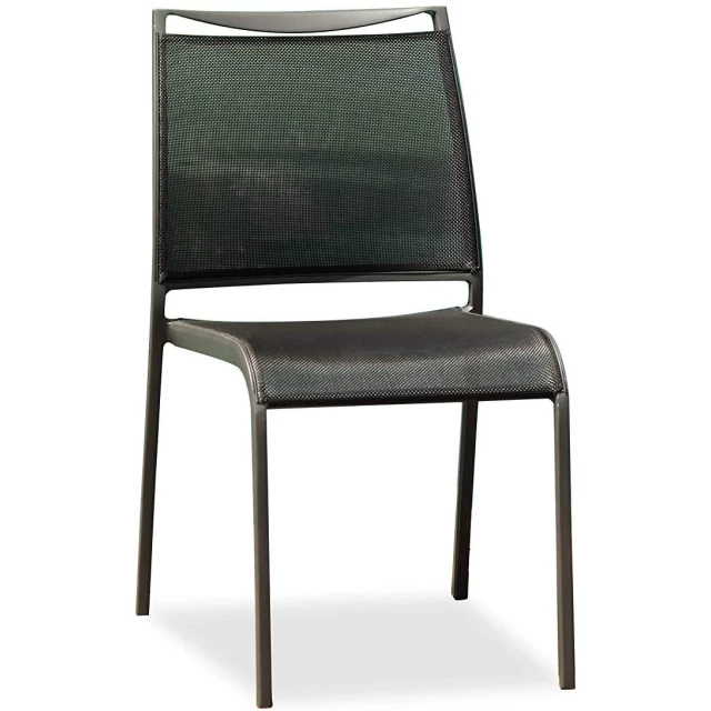 Gray stackable aluminum sling armless chairs outdoor furniture with wood and metal accents