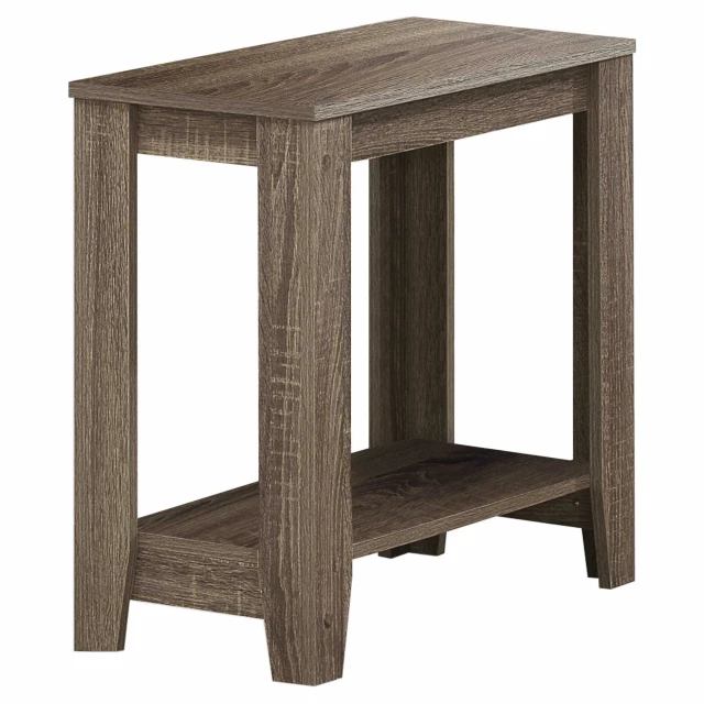 Deep taupe end table shelf with wood stain and hardwood pedestal in art style