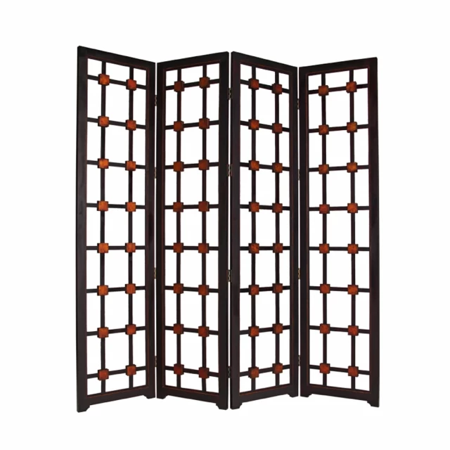 Brown wooden screen with symmetrical patterns and art details