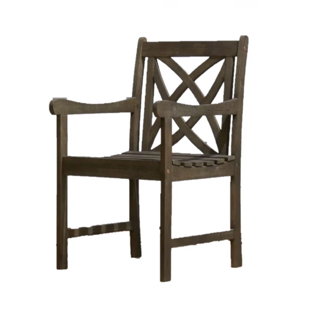 Distressed patio armchair with decorative back for outdoor furniture