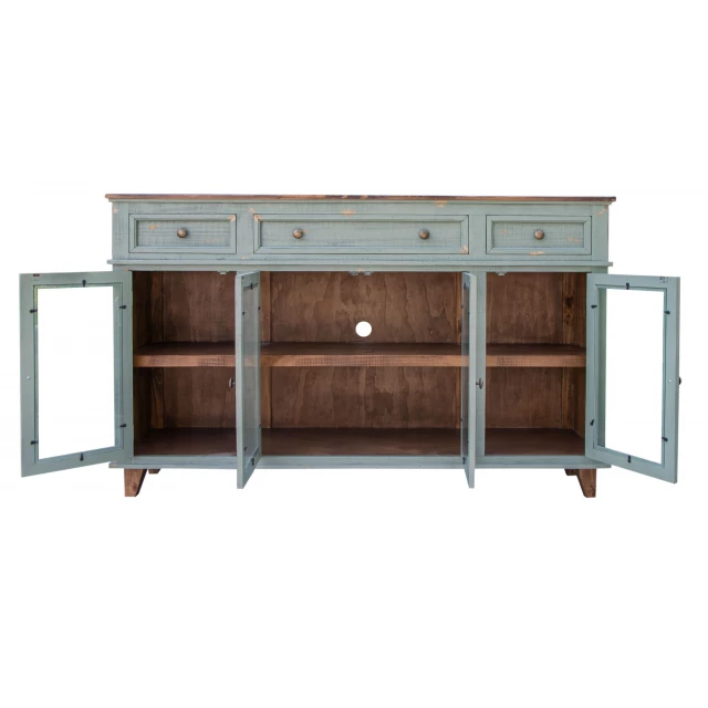 Green solid manufactured wood distressed credenza with drawers and shelving