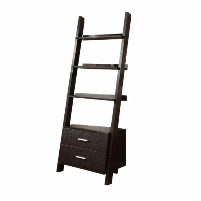 cappuccino wood ladder bookcase with drawers and rectangular shelves