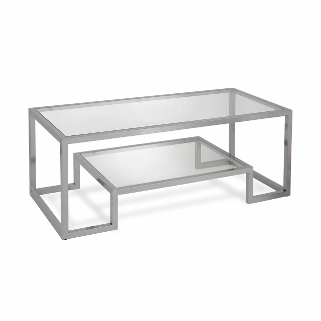 Silver glass steel coffee table with shelf and hardwood details
