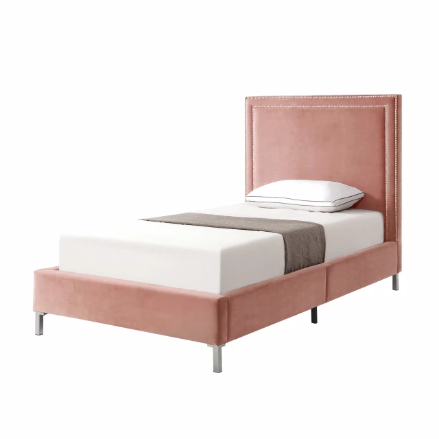 Twin upholstered velvet bed with nailhead trim detail