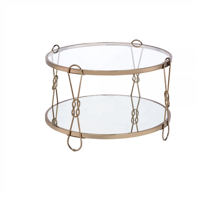Round mirrored coffee table with glass shelf and metal frame
