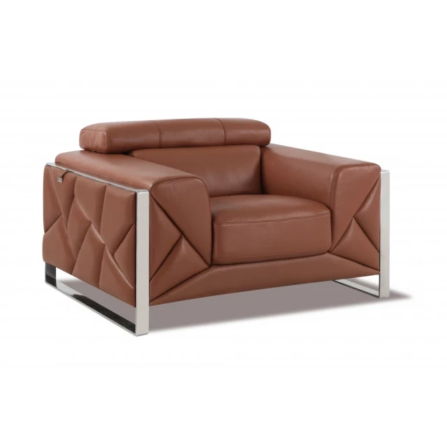 cotta leather chrome deco accent chair with brown wood accents and comfortable rectangle cushion