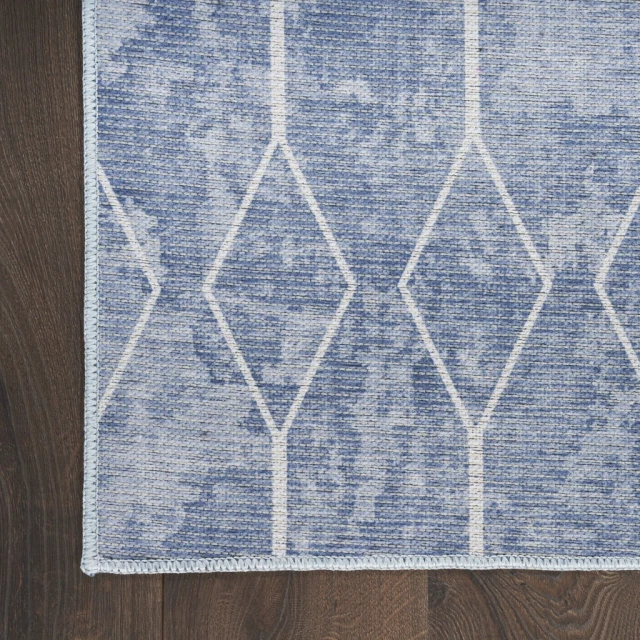 geometric power loom washable runner rug with azure grey pattern