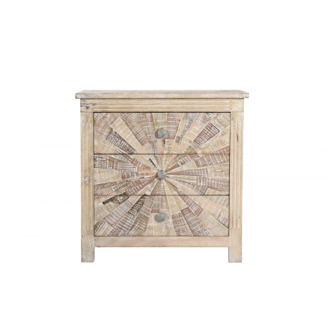 Solid wood nightstand with starburst pattern and metal accents