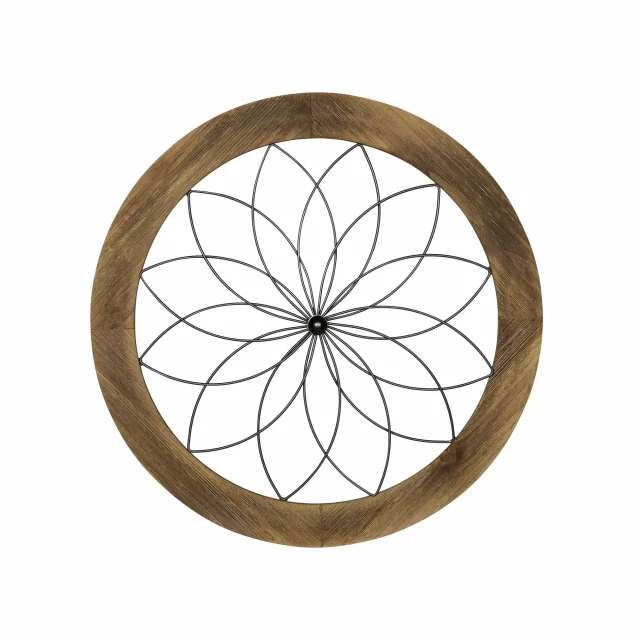 black metal wood framed wall art with natural materials and symmetrical oval design