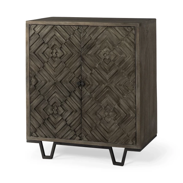 Hand crafted diamond rough cabinet with symmetrical pattern and hardwood metal accents