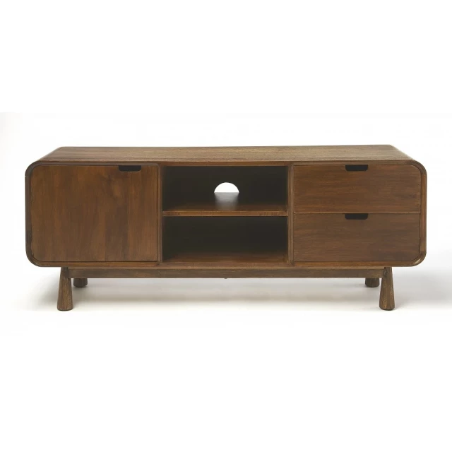 Curved edge enclosed storage TV stand with wood varnish and cabinetry design