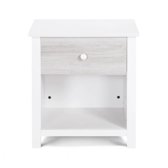 White gray drawer nightstand with shelving cabinetry in furniture category