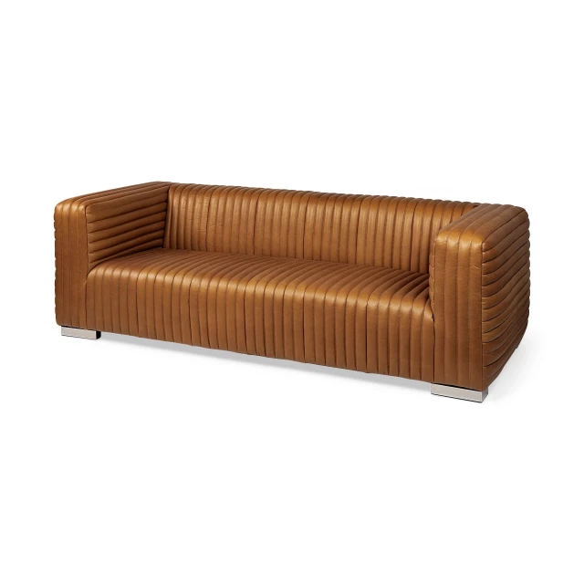 Cognac leather wrapped seater sofa with wood accents in a comfortable studio couch design