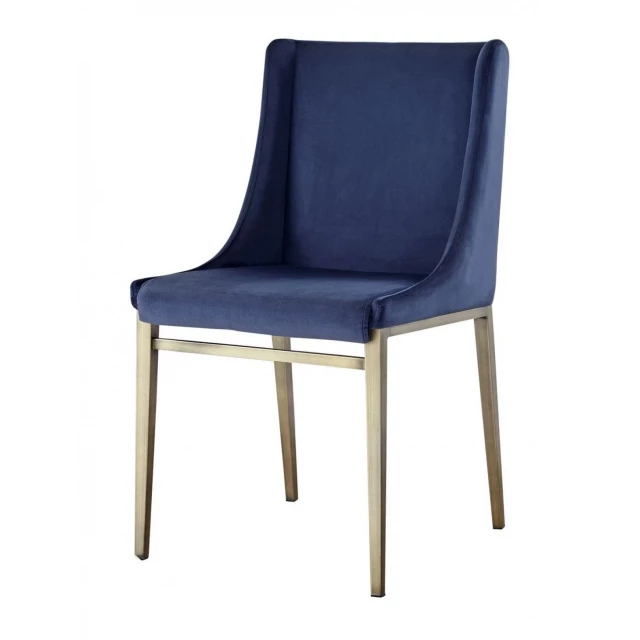 Velvet antique brass contemporary dining chairs with electric blue comfort and wood accents