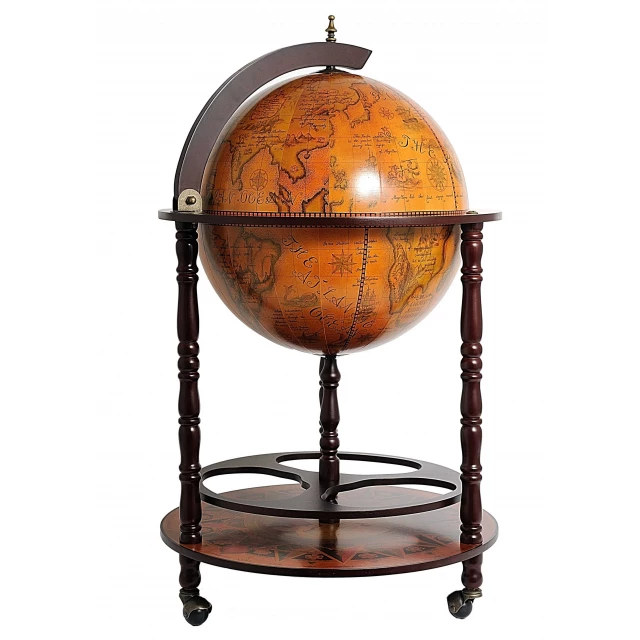 Globe drink cabinet with amber lighting and wood art map design