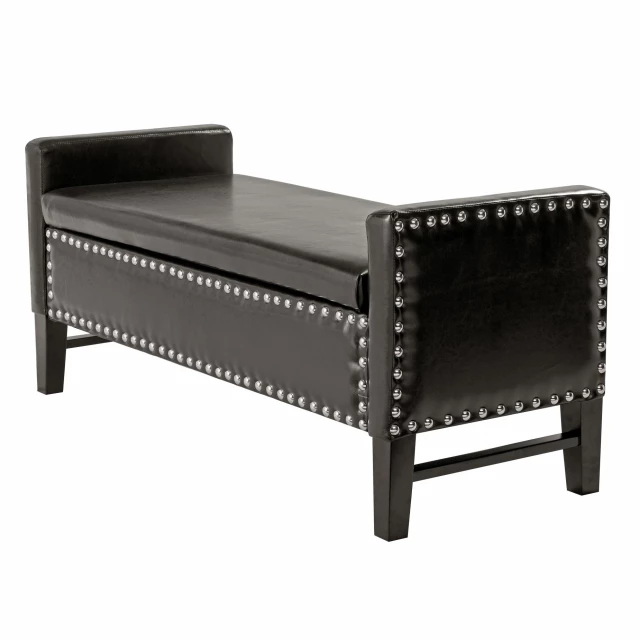 Leather bench with flip top for shoe storage in hardwood and metal design