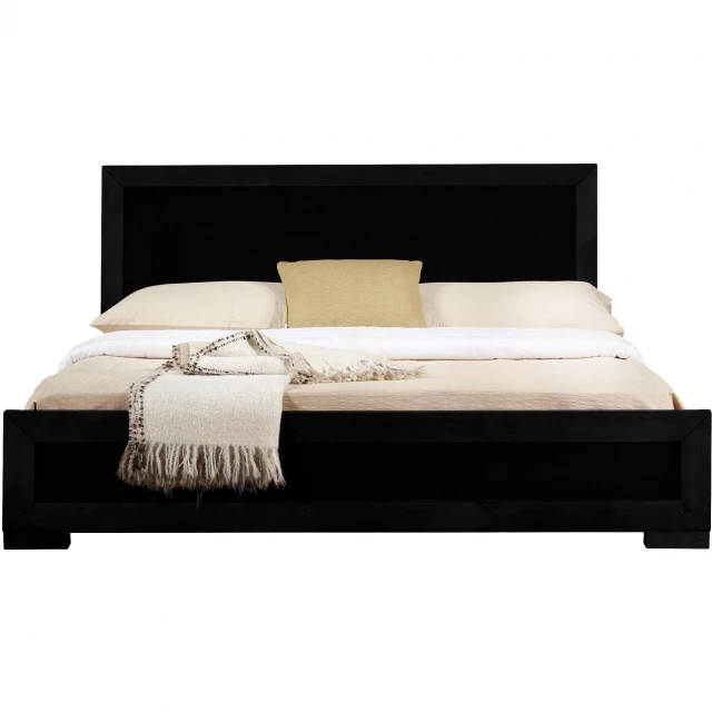 Black wood queen platform bed in minimalist bedroom design