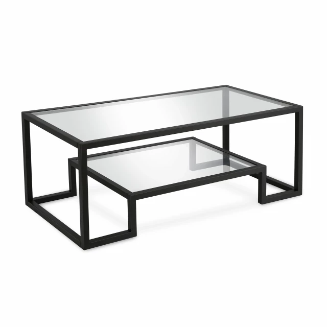 Black glass steel coffee table with shelf and wood accents