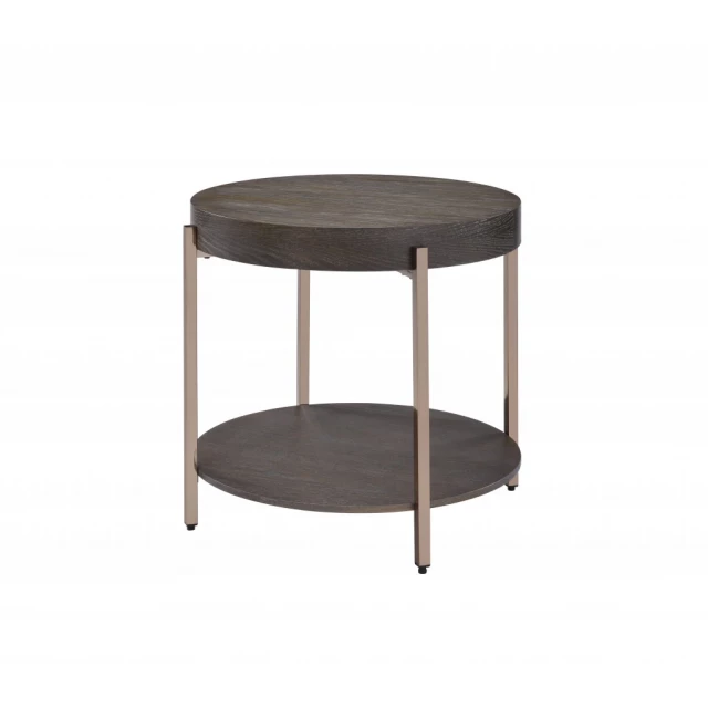 Manufactured wood round tier end table in a setting with chairs and outdoor furniture