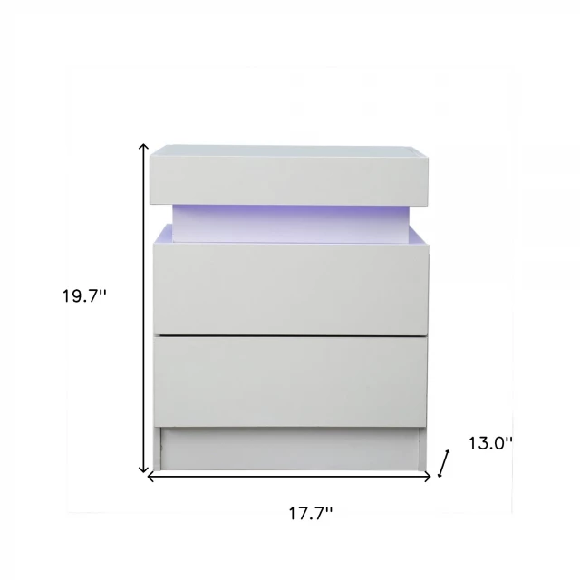 White drawer lighted nightstand with sleek rectangle design and parallel drawers for modern bedroom furniture