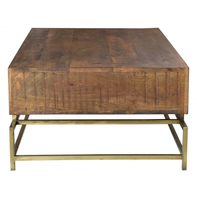 Brown gold storage coffee table with wood stain finish in furniture setting