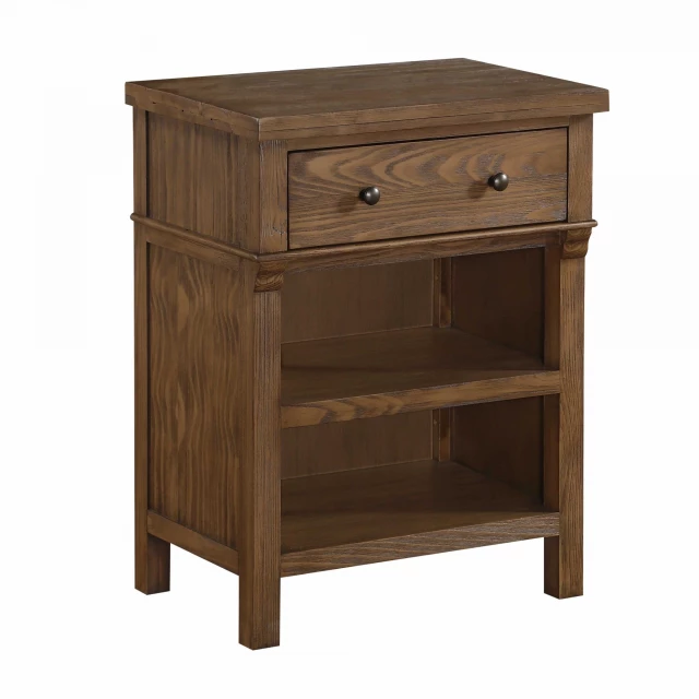Reclaimed oak wood nightstand with cabinetry design and drawer features
