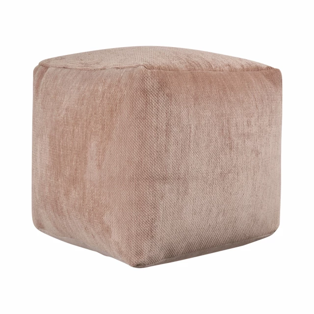 Beige chenille cube pouf ottoman in natural material with wood and leather accents for home comfort and style