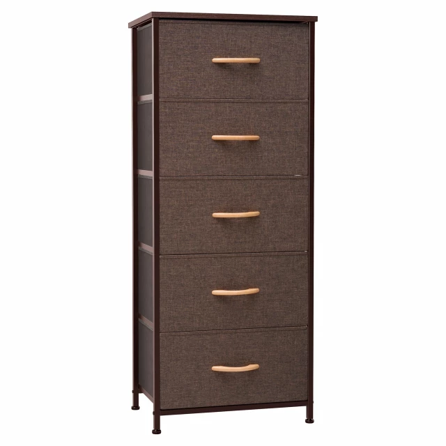 Brown steel fabric five drawer chest for bedroom storage
