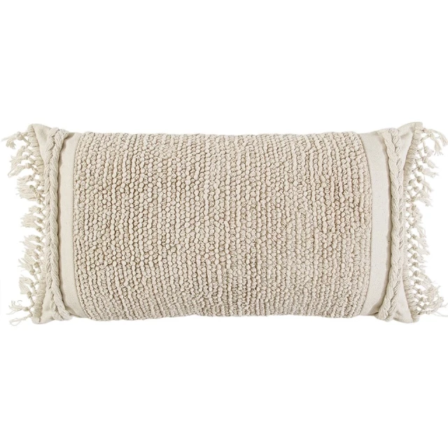 Handwoven braided stripe macrame fringe lumbar pillow with woolen pattern on wooden background