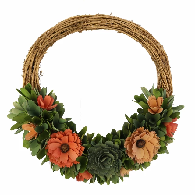 alt=Pink green artificial mixed wreath with flowers petals and fruit accents