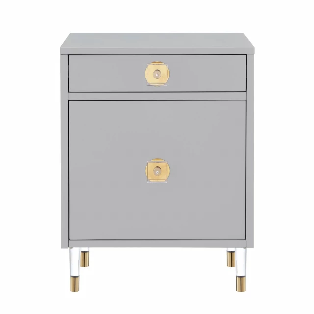 Light gray end table with drawer and shelf for living room storage