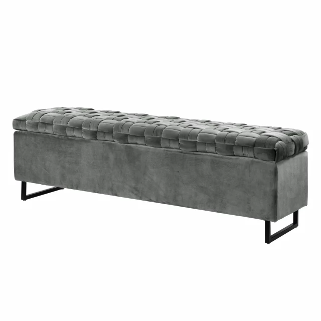 Gray upholstered velvet bench with flip-top storage design