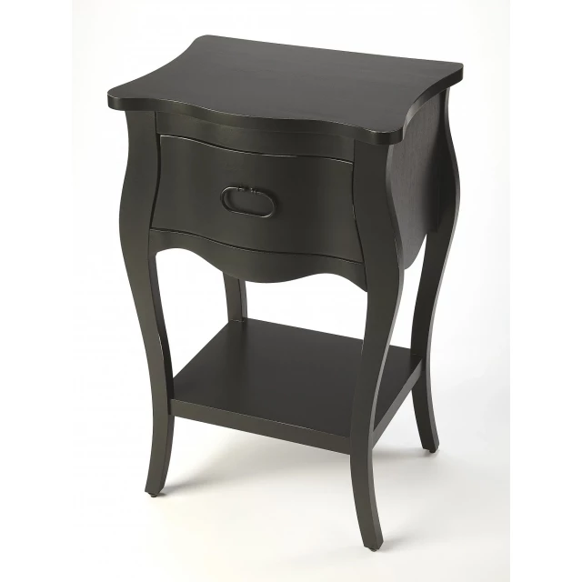 Black drawer nightstand with wood finish and sleek design for modern bedroom furniture