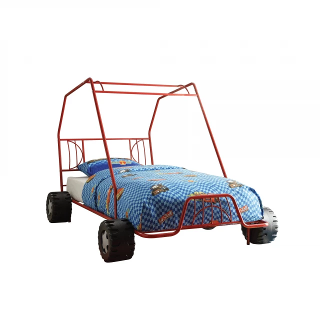 Steel twin bed with red frame