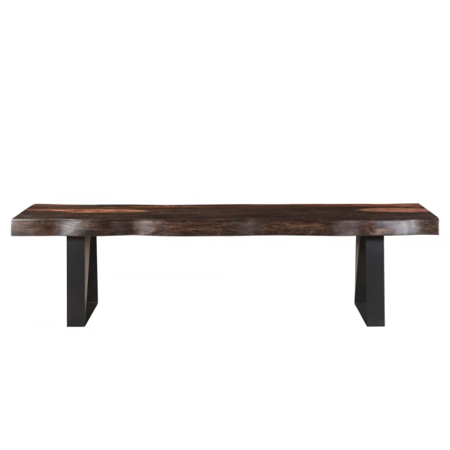 Brown black solid wood dining bench with hardwood plank design suitable for outdoor furniture