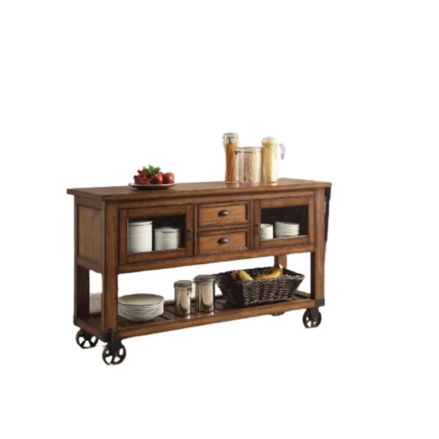 Rustic brown rolling kitchen cart with wood shelving and metal accents for home storage