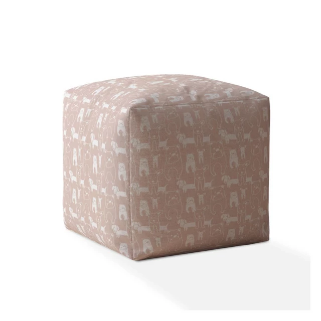 Pink and white cotton dog pouf cover with magenta accents and decorative packaging