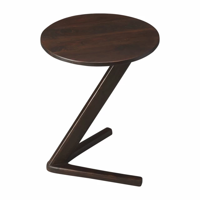 Wood angled pedestal round end table in a modern design