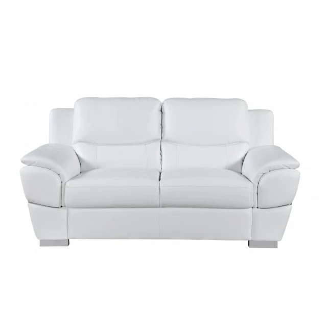White silver faux leather love seat with comfortable studio couch design suitable for outdoor use