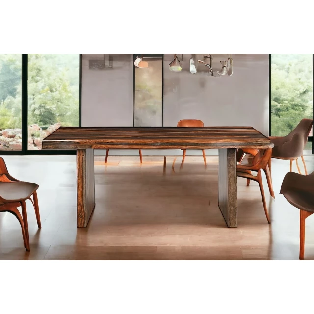 Dark brown solid wood dining table with rectangle shape and wood stain finish in interior design setting