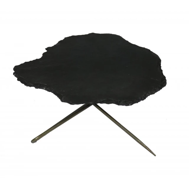 Black live edge coffee table in a natural setting with subtle background elements