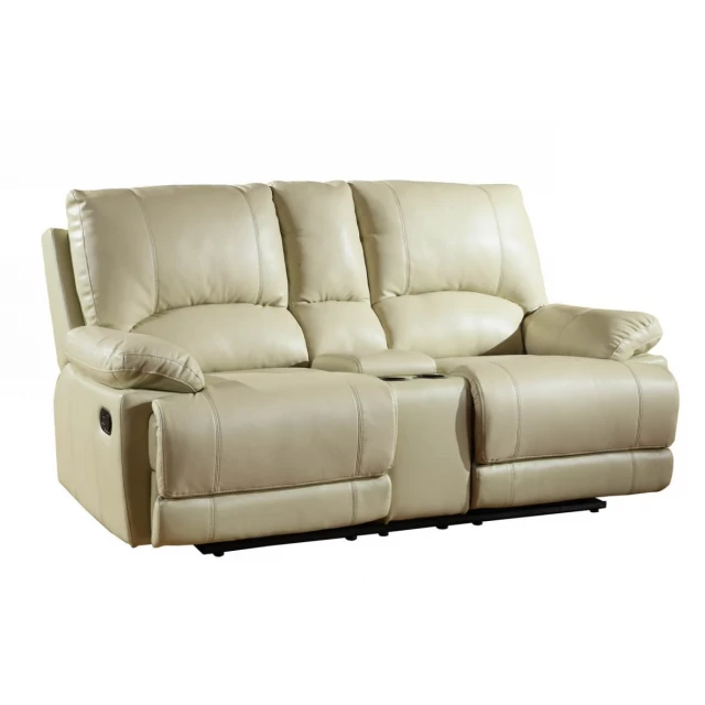 Brown leather manual reclining loveseat with storage and wood accents in a studio setting