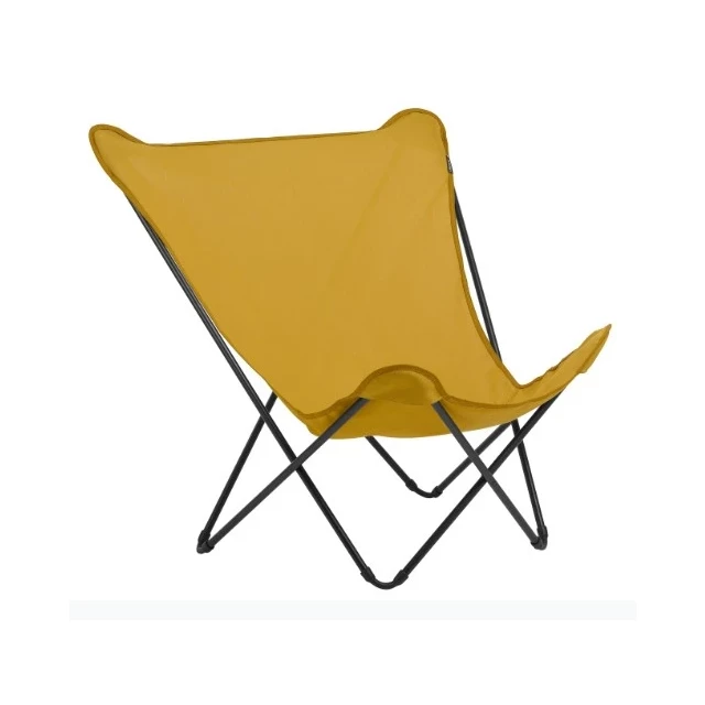 Yellow and black metal folding camping chair for camping gear.