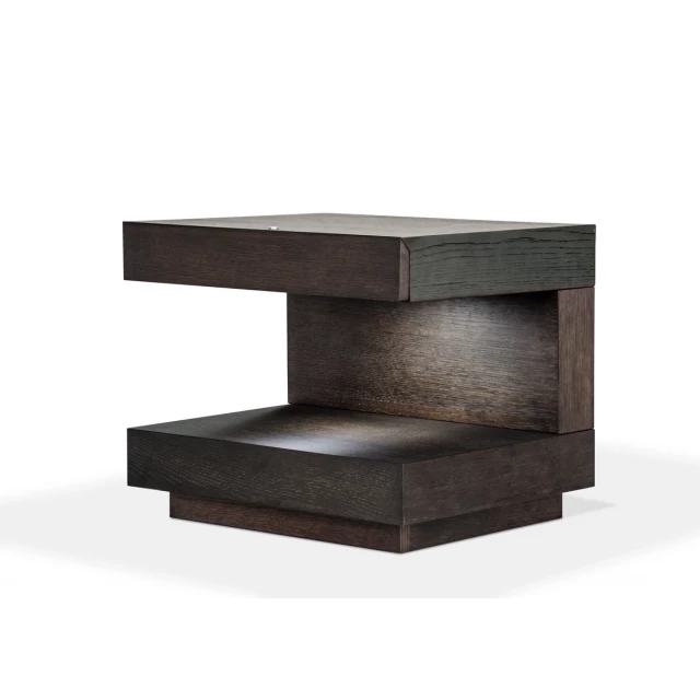 Brown oak veneer nightstand with wood accents and minimalist design